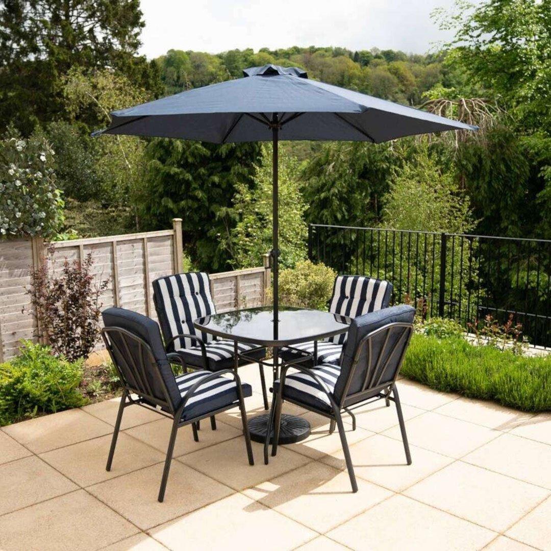 4 Seater Dining Set with Reversible Cushions and Crank Parasol in Navy