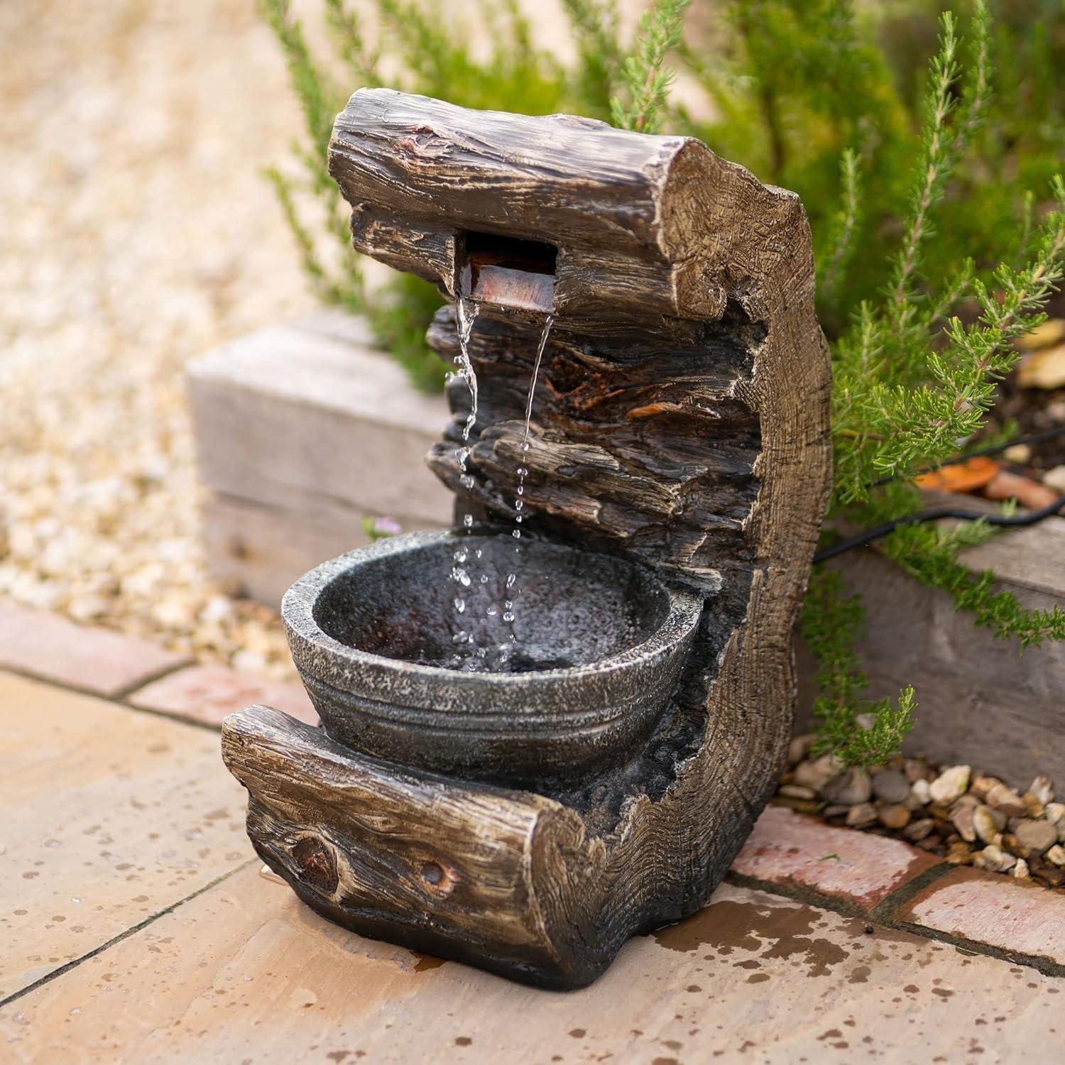 Wood Effect Pouring Bowl Self Contained Cascading Water Feature with LED Lights