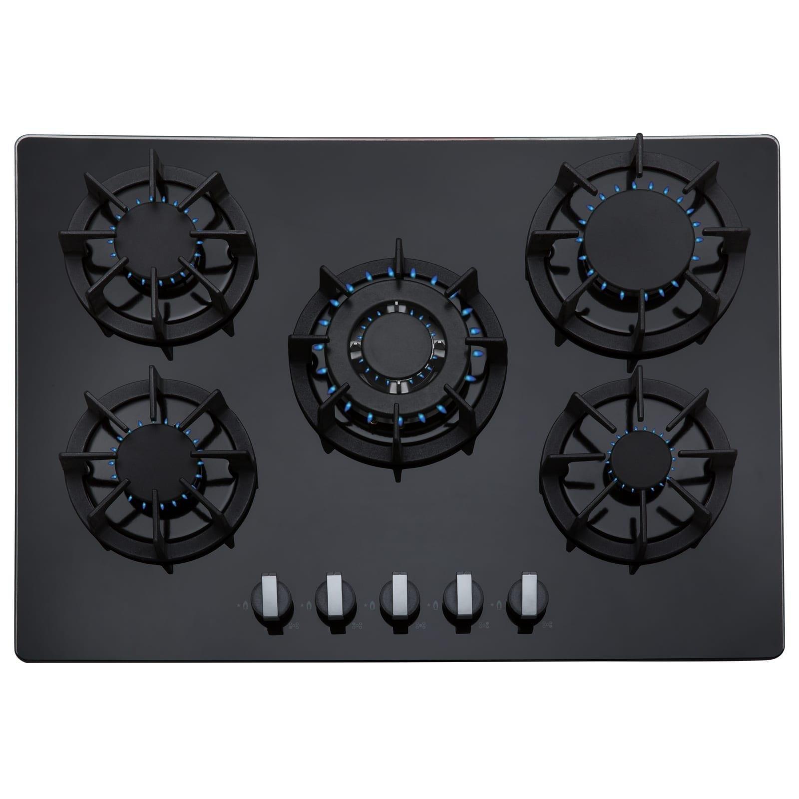 70cm 5 Burner Black Glass Gas Hob With Cast Iron Pan Stands And Wok Burner