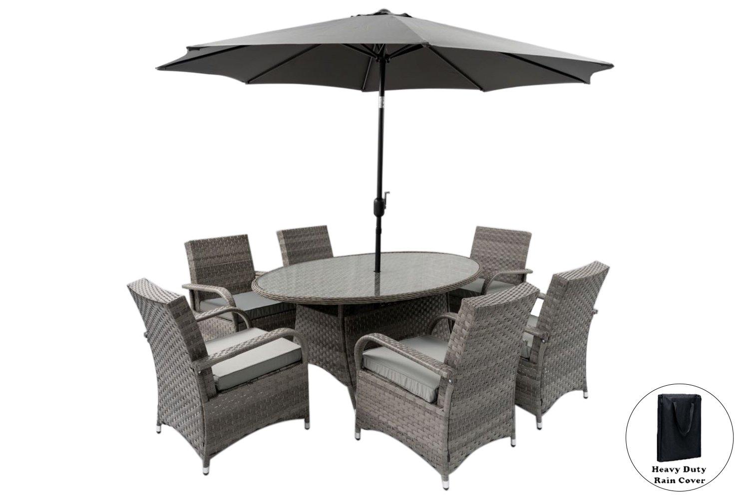 Aura 6 Seater Armchair Oval Rattan Garden Furniture Dining Set With Parasol