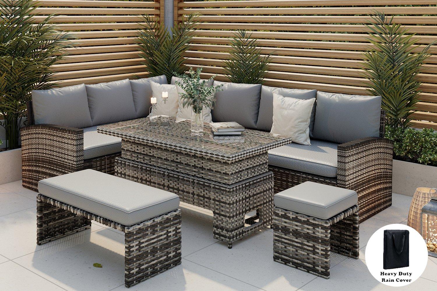 Rosen Rattan Garden Furniture 9 Seater Corner Sofa Rising Table Set With Benches And Rain Cover