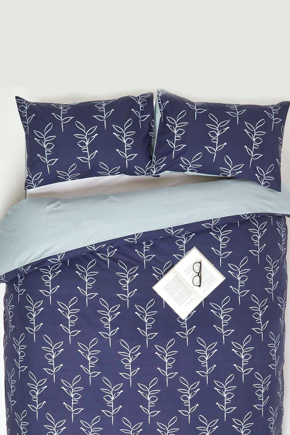 Blue Leaf Digitally Printed Cotton Duvet Cover Set