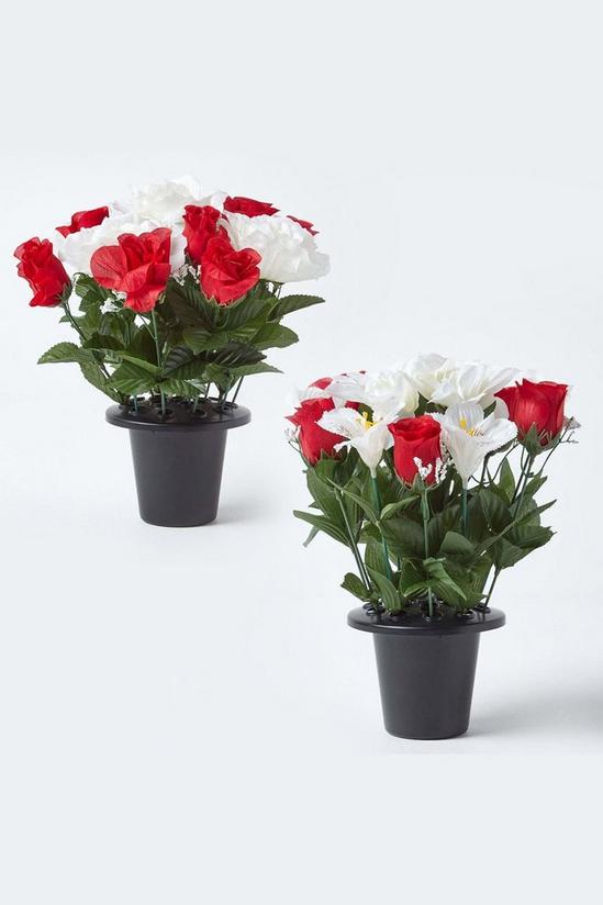 Homescapes Set of 2 Red & White Roses & Lilies Artificial Flowers in Grave Vases 1