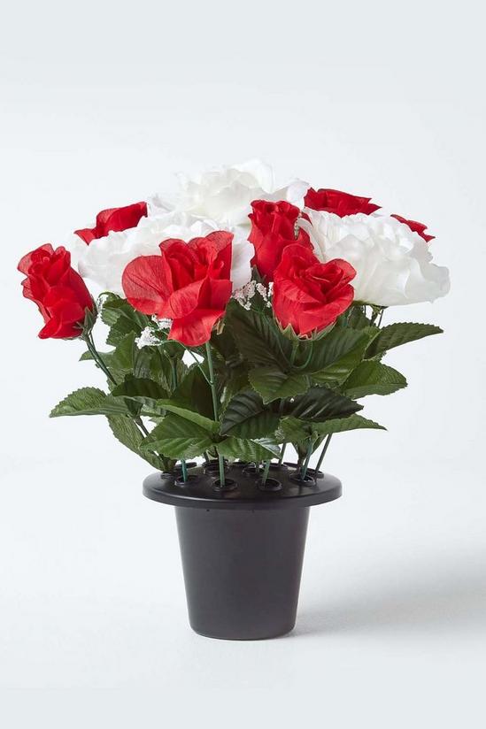 Homescapes Set of 2 Red & White Roses & Lilies Artificial Flowers in Grave Vases 2