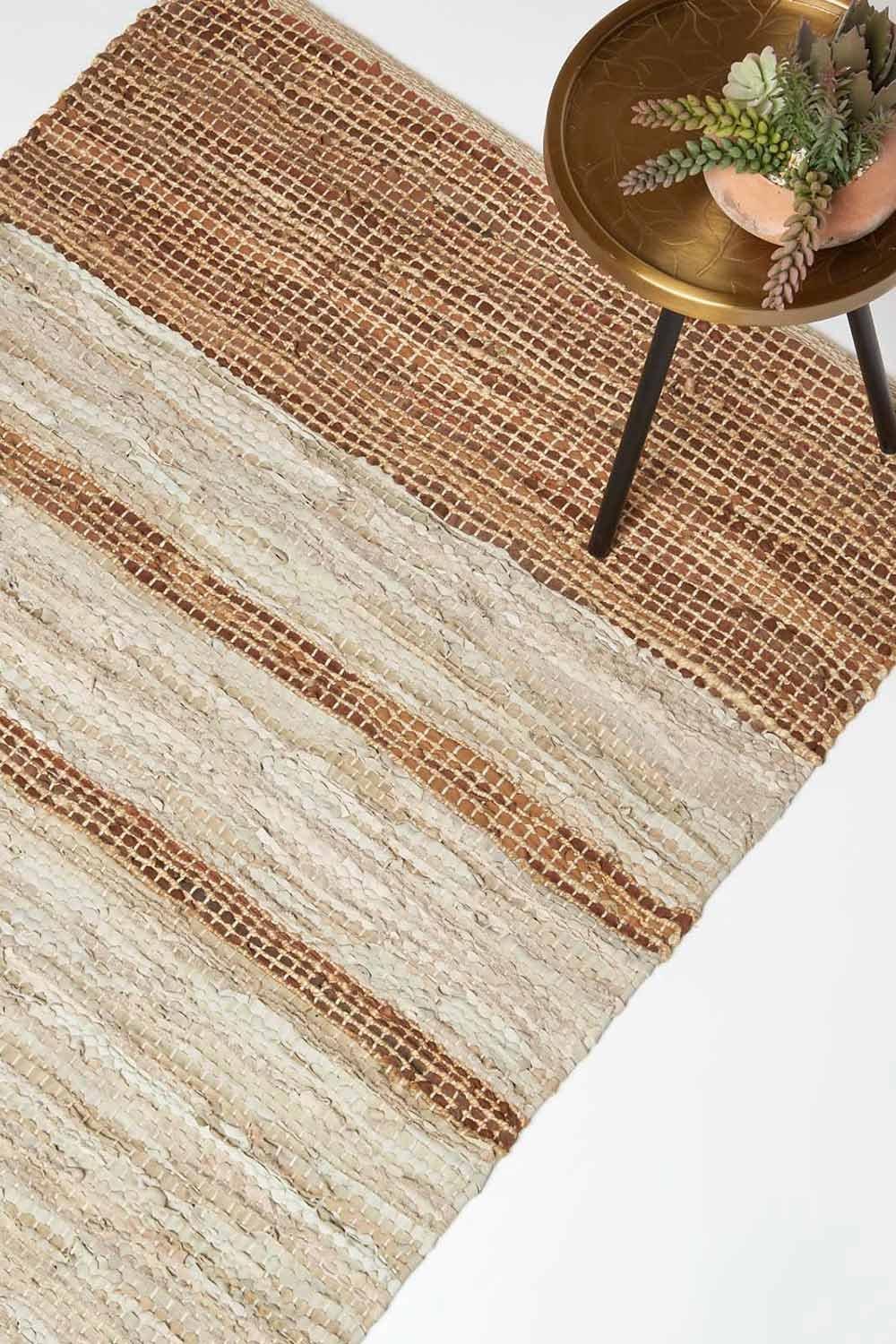 Brown Recycled Leather Handwoven Stripe Rug