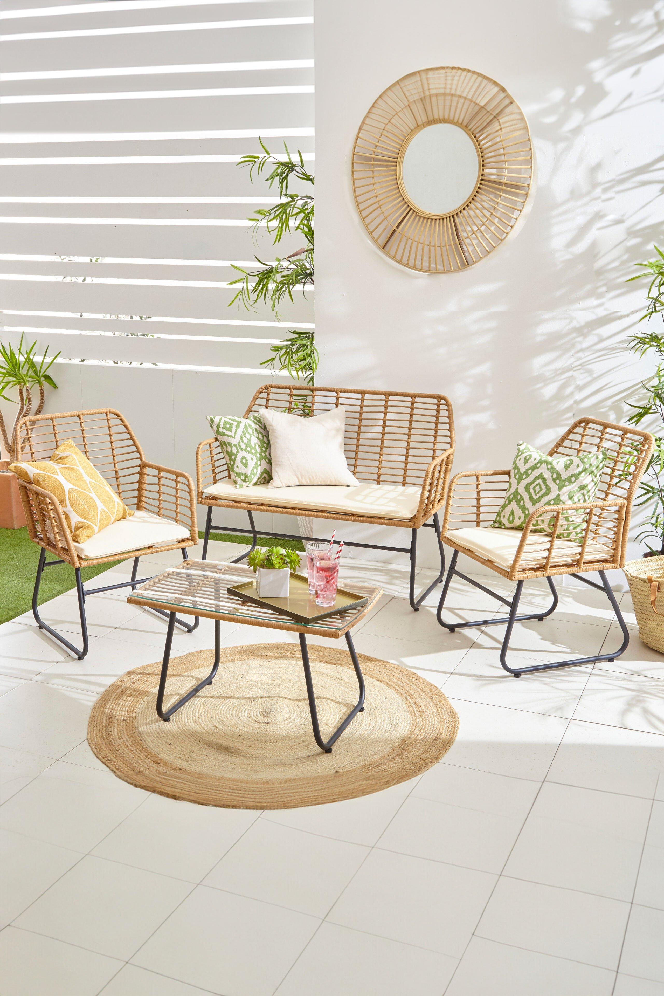 4 Piece Wicker Bamboo Style Garden Sofa, Table & Chairs Set