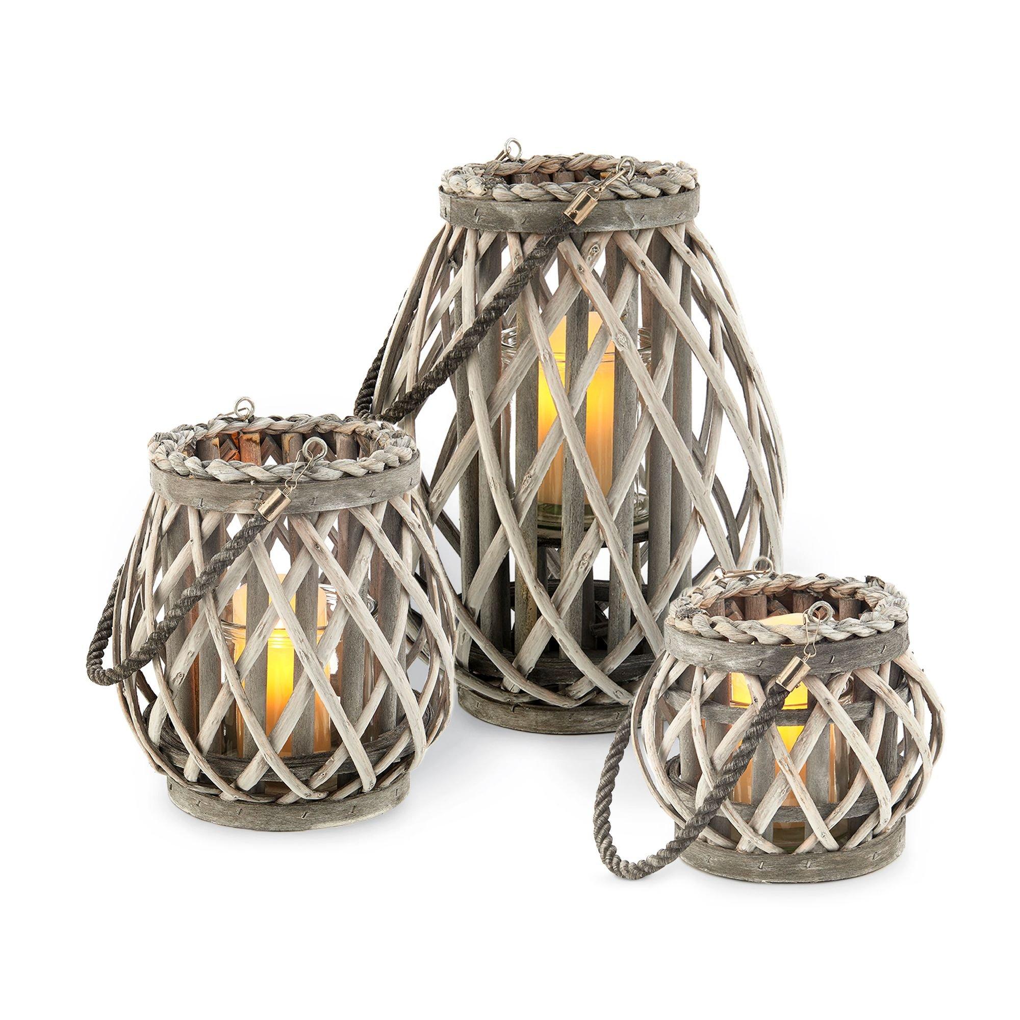 3pc Wicker Willow Candle Lantern Basket Jar - Made from Hemp Rope & Willow Twigs