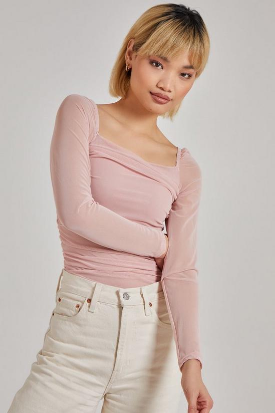 Pink Vanilla Long Sleeve Ruched Mesh Bodysuit 1