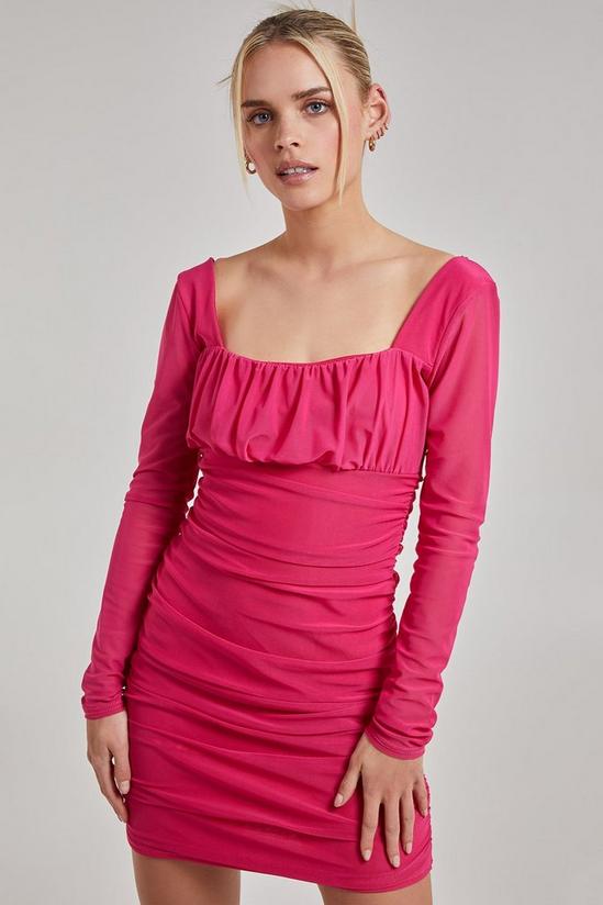 Pink Vanilla Long Sleeve Gathered Mesh Mini Dress 1