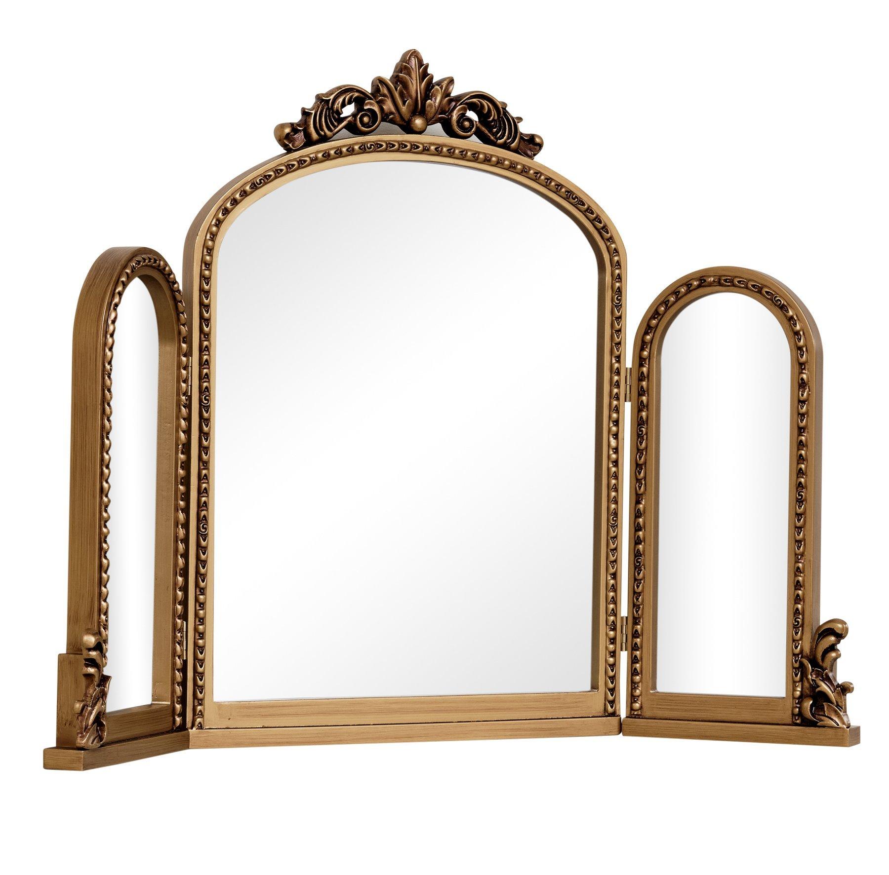 Gold Ornate Arched Triple Dressing Table Mirror 80cm X 56cm