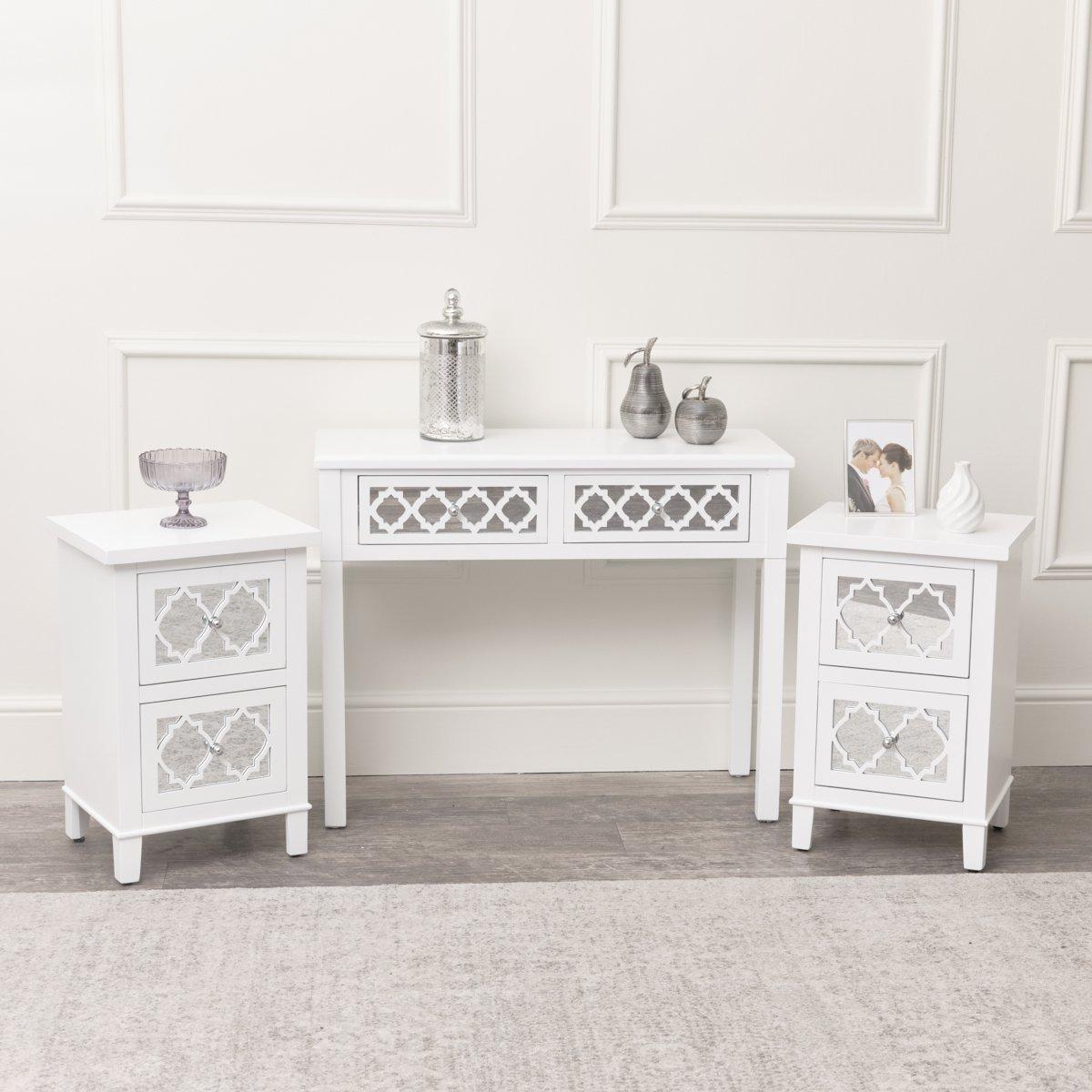 White Mirrored Console Table / Dressing Table & Pair Of White Mirrored Bedside Tables - Sabrina Whit