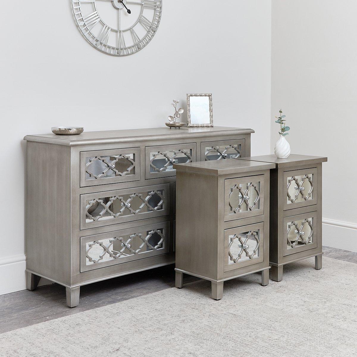 7 Drawer Chest Of Drawers & Pair Of 2 Drawer Bedsides - Sabrina Silver Range