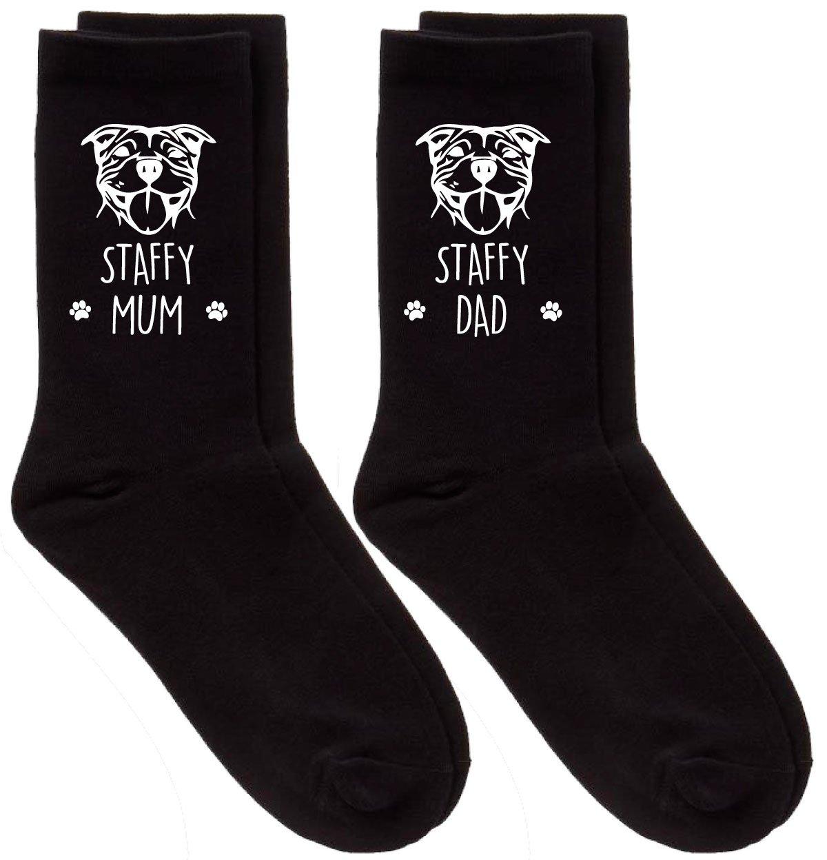 Couples Staffy Mum Dad Black Calf Sock Set
