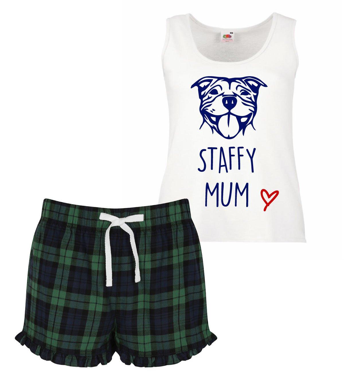 Staffy Mum Ladies Tartan Frill Short Pyjama Set Staffordshire Bull Terrier Red Blue or Green Blue