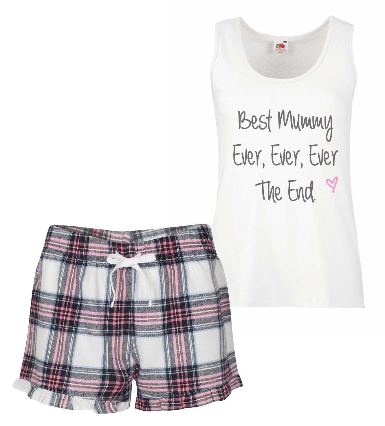 Best Mummy Ever Ever Ever The End Ladies Tartan Frill Short Pyjama Set Red Blue or Green Blue
