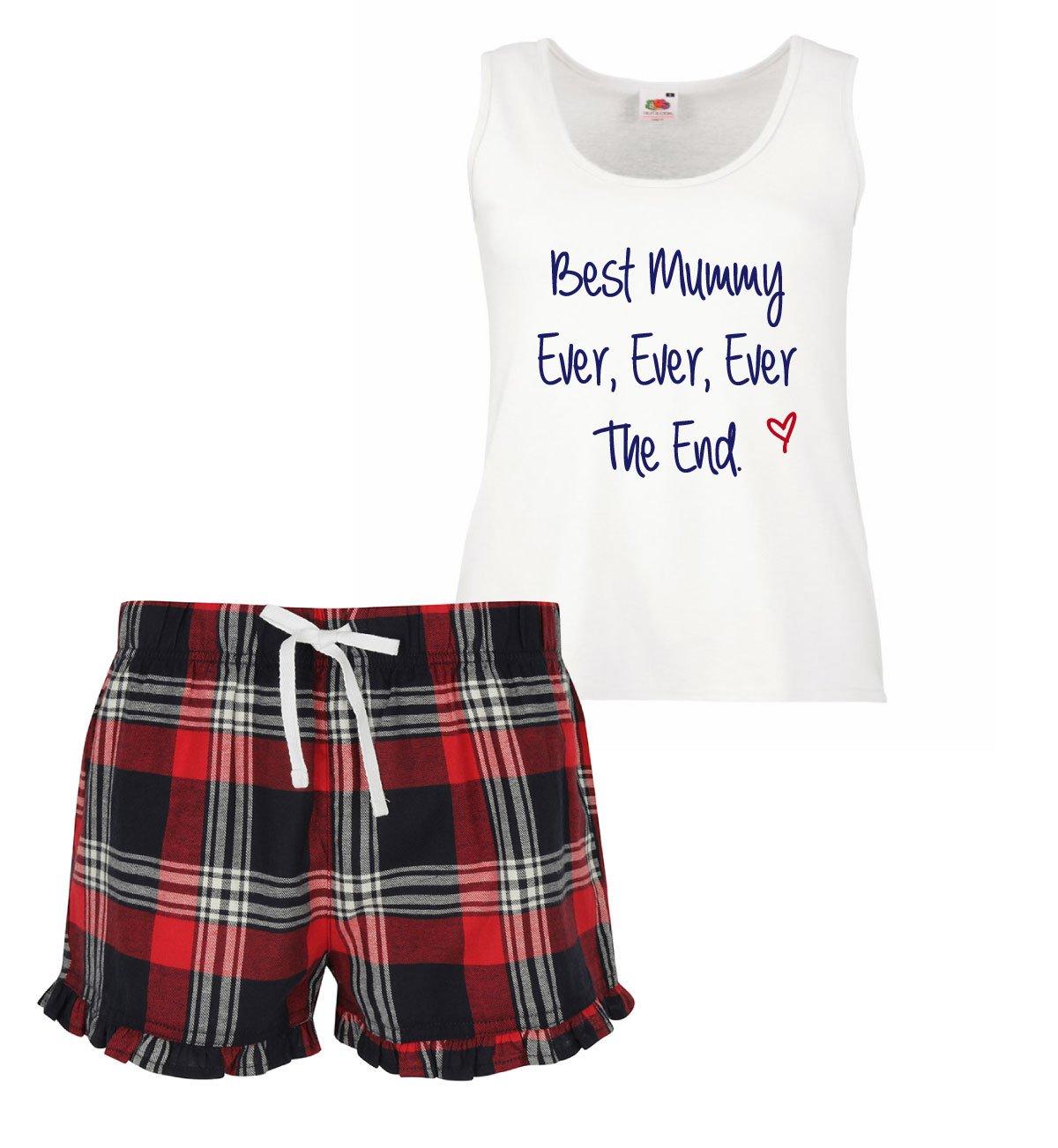 Best Mummy Ever Ever Ever The End Ladies Tartan Frill Short Pyjama Set Red Blue or Green Blue