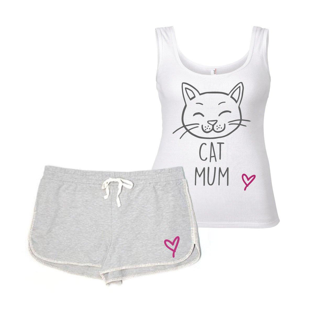 Cat Mum Pyjama Set Cat PJ's Loungewear Lounge Wear Grey and White