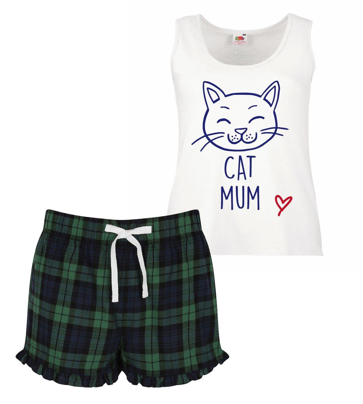 Cat Mum Ladies Tartan Frill Short Pyjama Set Red Blue or Green Blue Cat Pyjamas