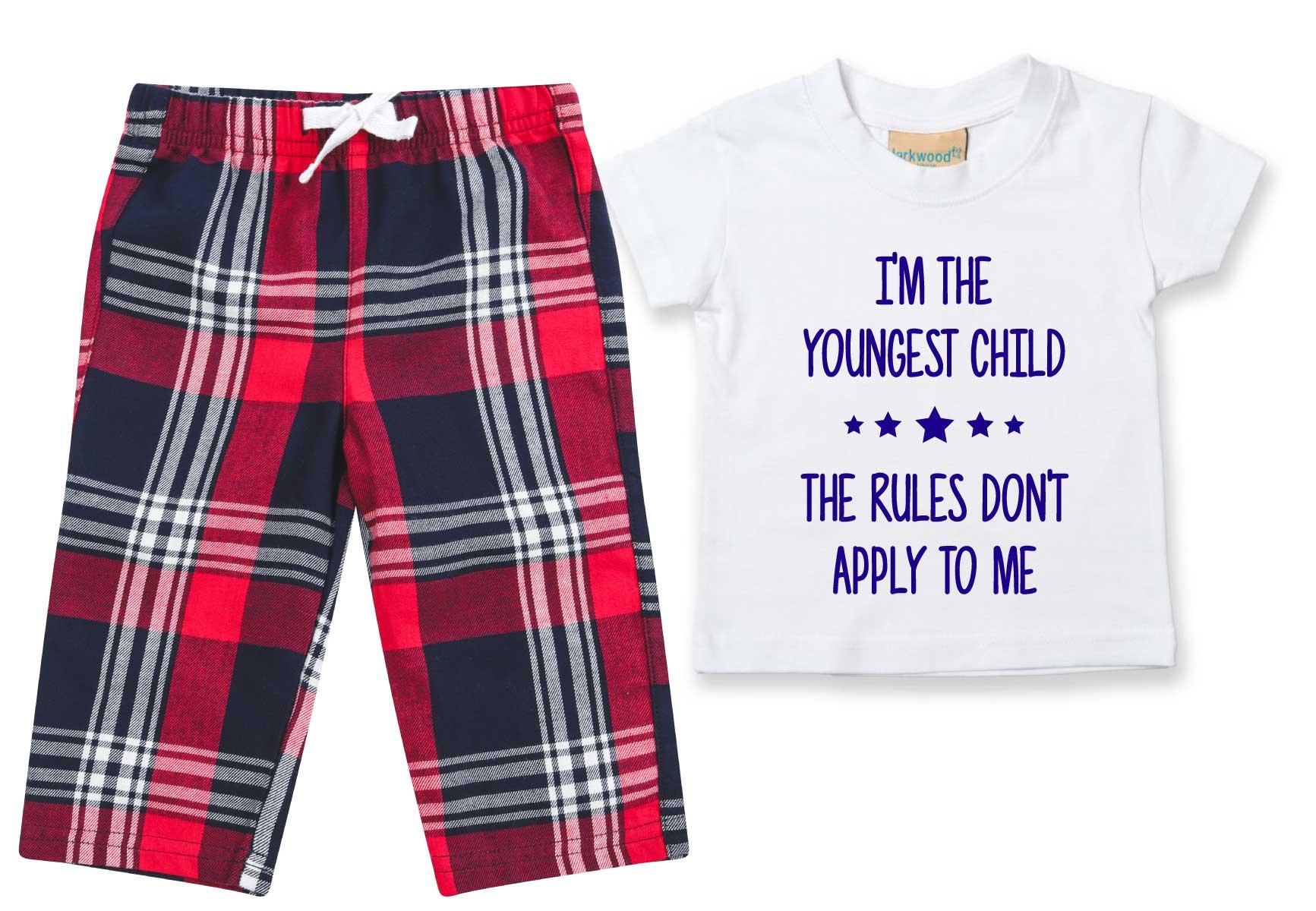 I'm The Youngest The Rules Don't Apply To Me Pyjamas Children Tartan Trouser Bottoms Pyjama Set