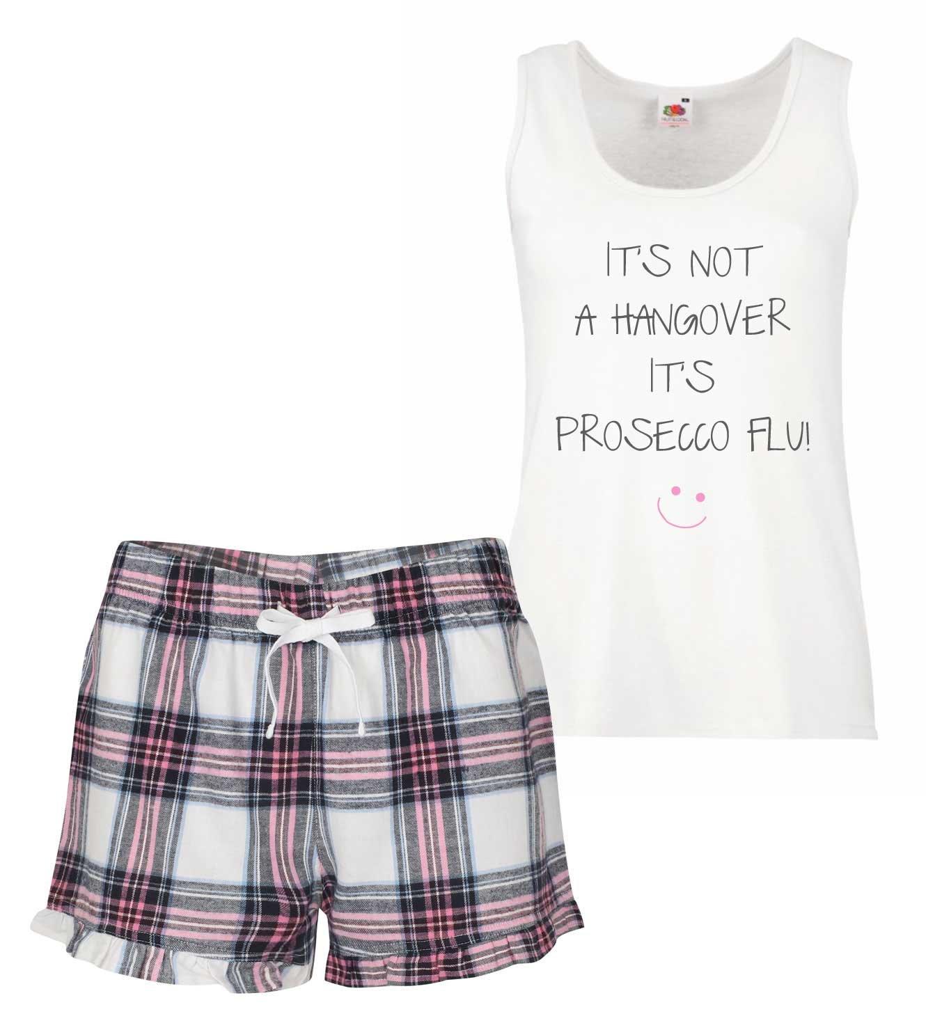 It's Not A Hangover It's Prosecco Flu PJ's Loungewear Lounge Wear Pink Tartan Frill Shorts