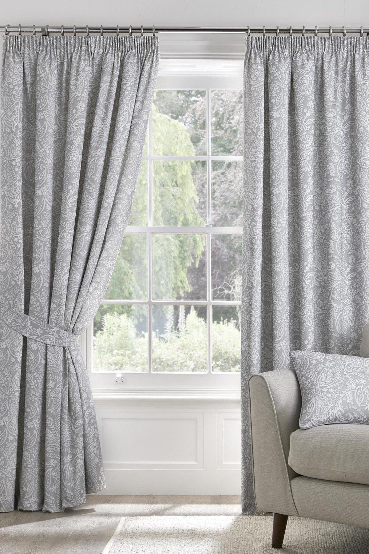 'Aveline' 100% Cotton Pair of Pencil Pleat Curtains With Tie-Backs