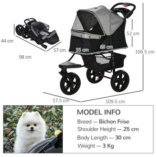 PAWHUT Folding Pet Stroller 3 Wheel Dog Jogger Travel Carrier Adjustable Canopy Storage Brake Mesh Window for Small Miniature Dog 3
