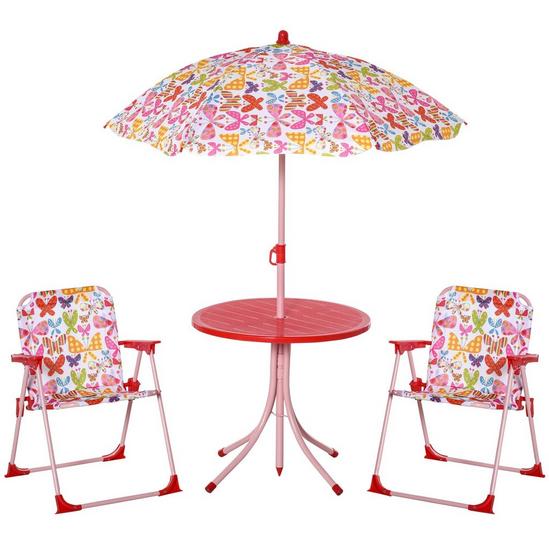 OUTSUNNY Kids Folding Picnic Table Chair Set Butterfly Pattern Outdoor with Parasol, Pink 1