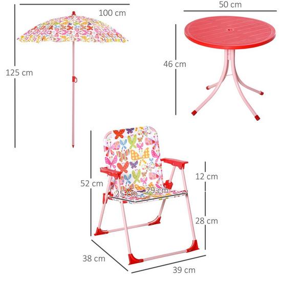 OUTSUNNY Kids Folding Picnic Table Chair Set Butterfly Pattern Outdoor with Parasol, Pink 3