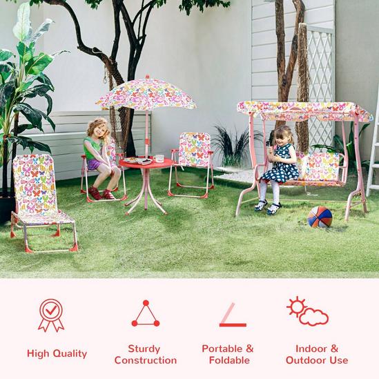 OUTSUNNY Kids Folding Picnic Table Chair Set Butterfly Pattern Outdoor with Parasol, Pink 4