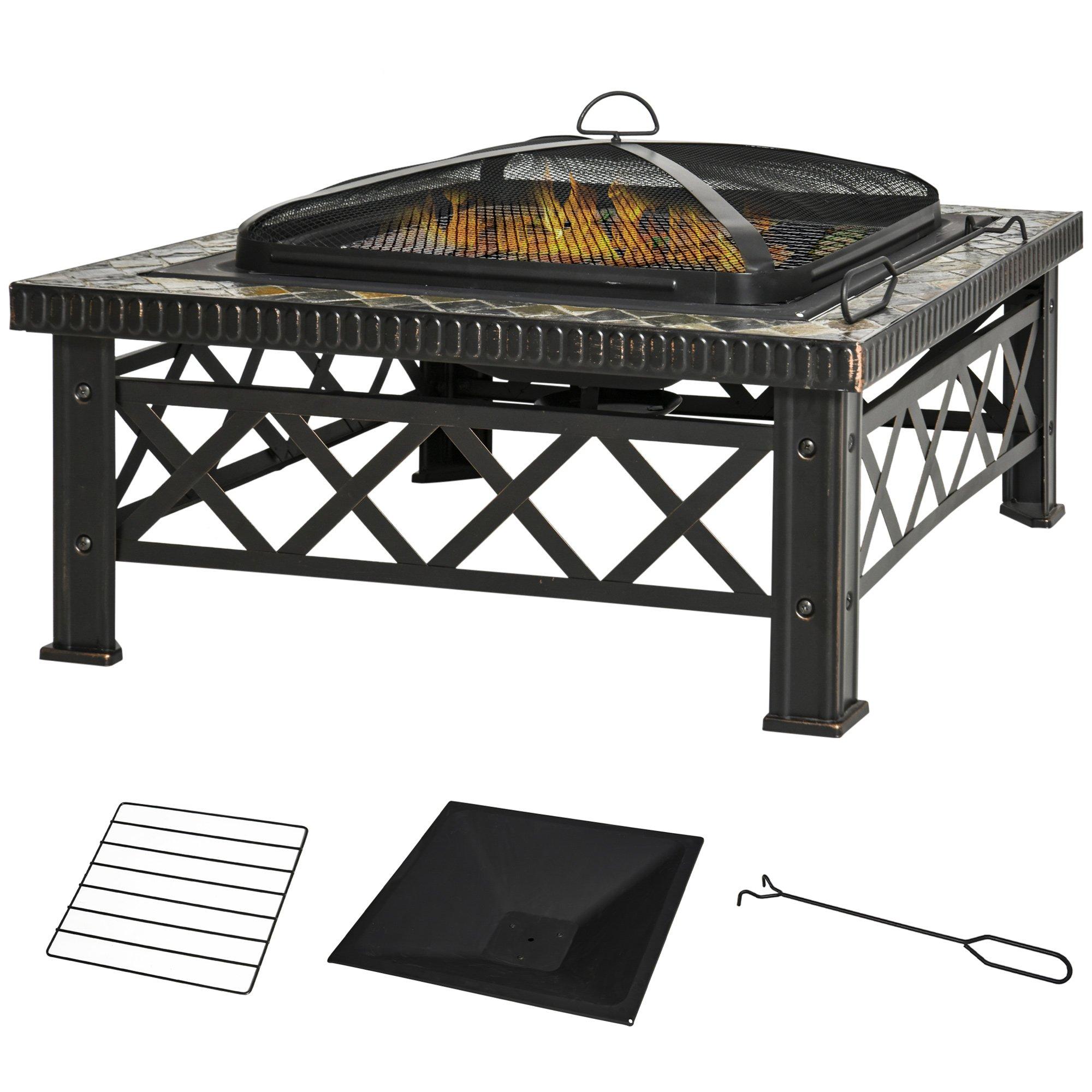 76cm Square Garden Fire Pit Square Table w/ Poker Cover Log Grate