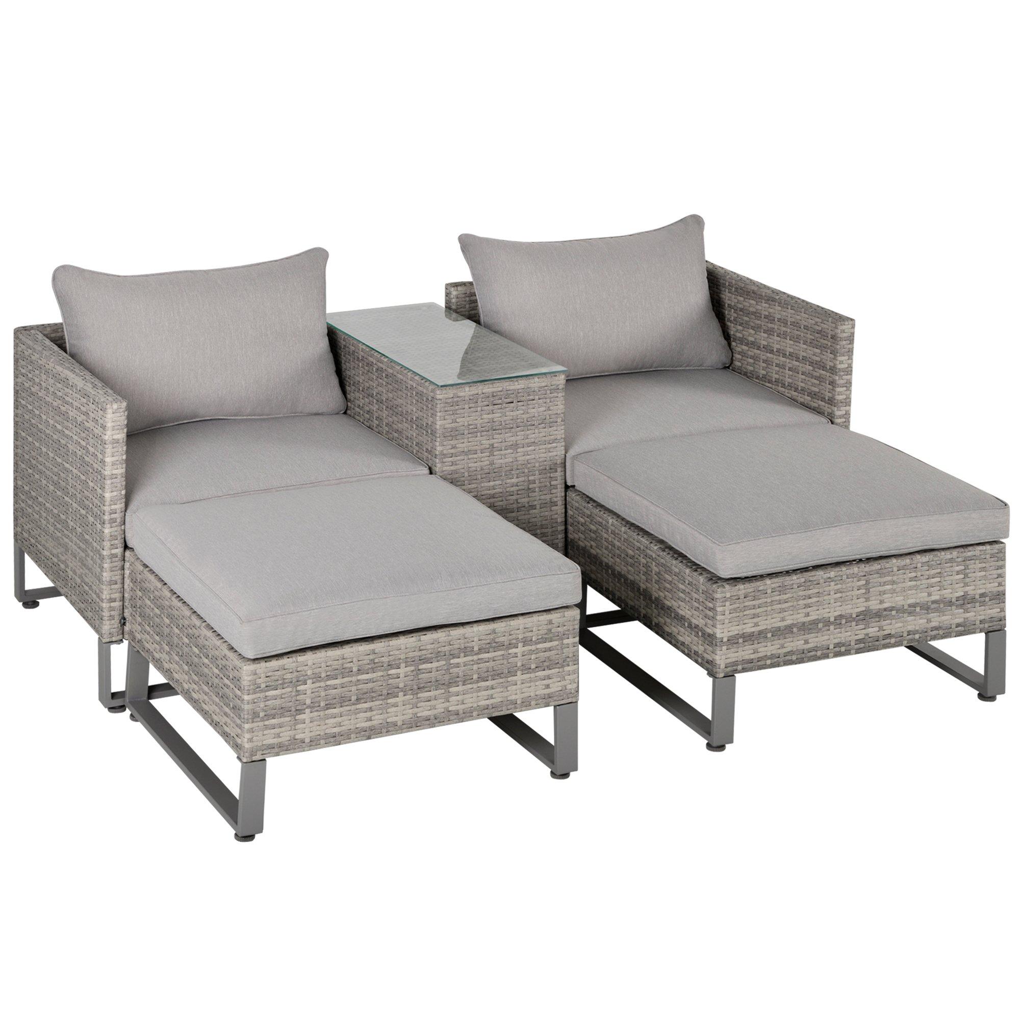5pcs Patio Rattan Sofa Set Chaise Lounge Double Sofa Bed w/ Coffee Table