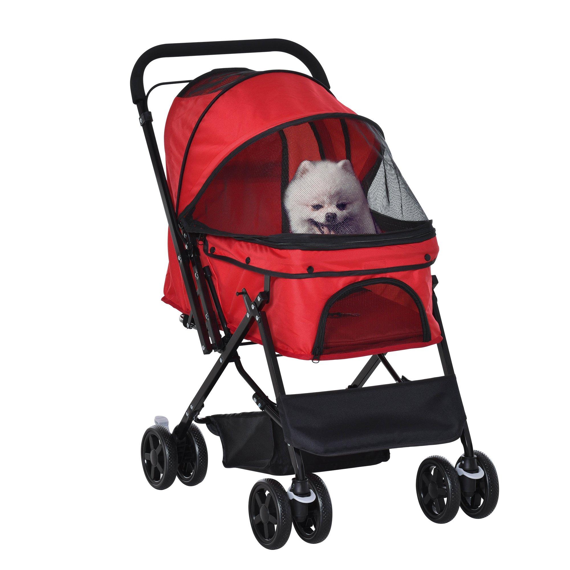 Pet Stroller Dog Cat Travel Pushchair Foldable Jogger with Reversible Handle EVA Wheel Brake Basket 
