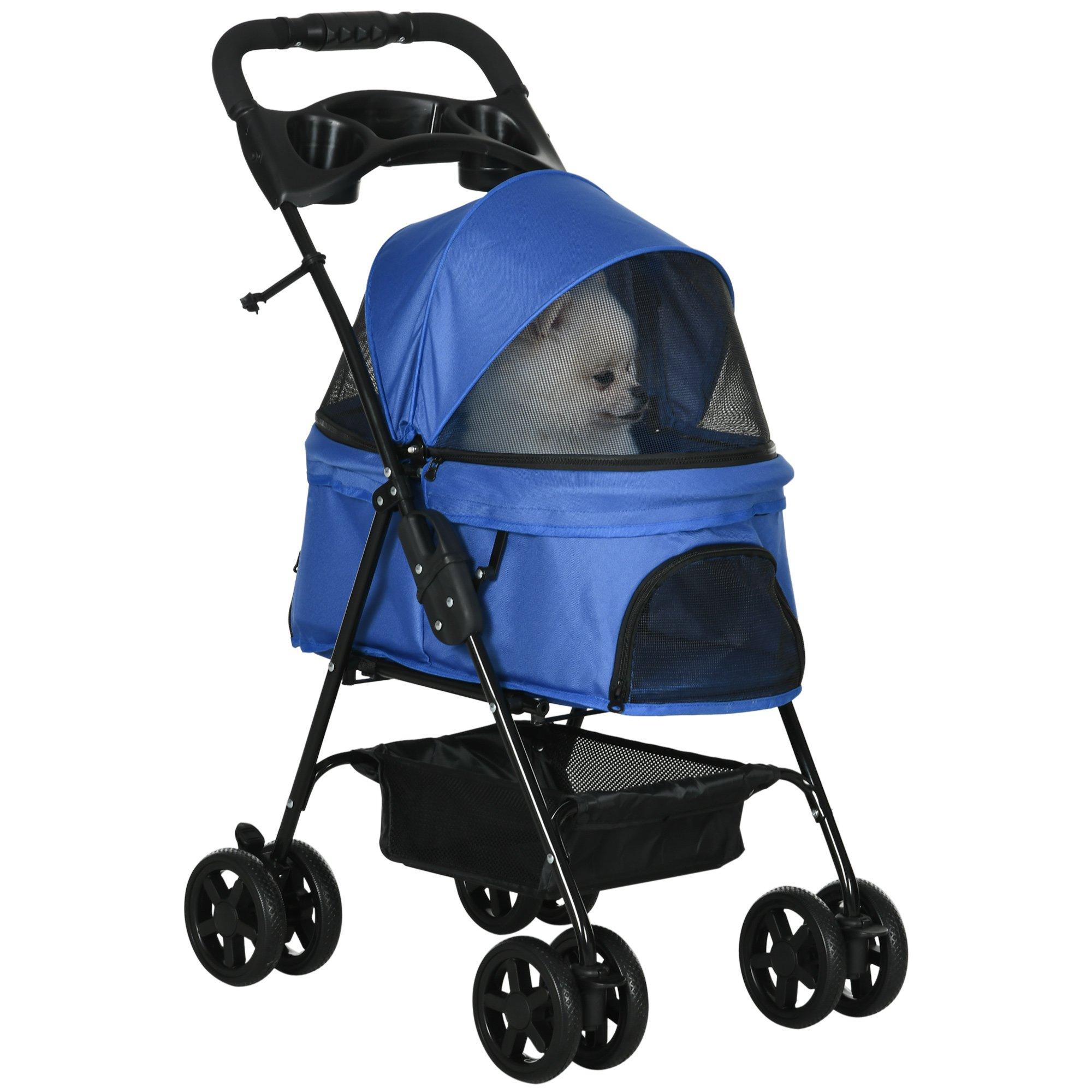 Dog Stroller Pet Cat Travel Pushchair One-Click Fold Trolley Jogger with EVA Wheels Brake Basket Adj