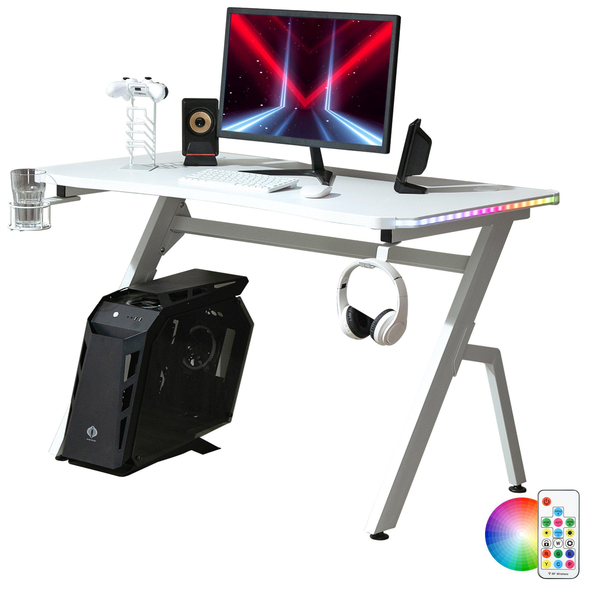 LED Ergonomic Gaming Desk Computer Table with Cup Holder Cable Management, White