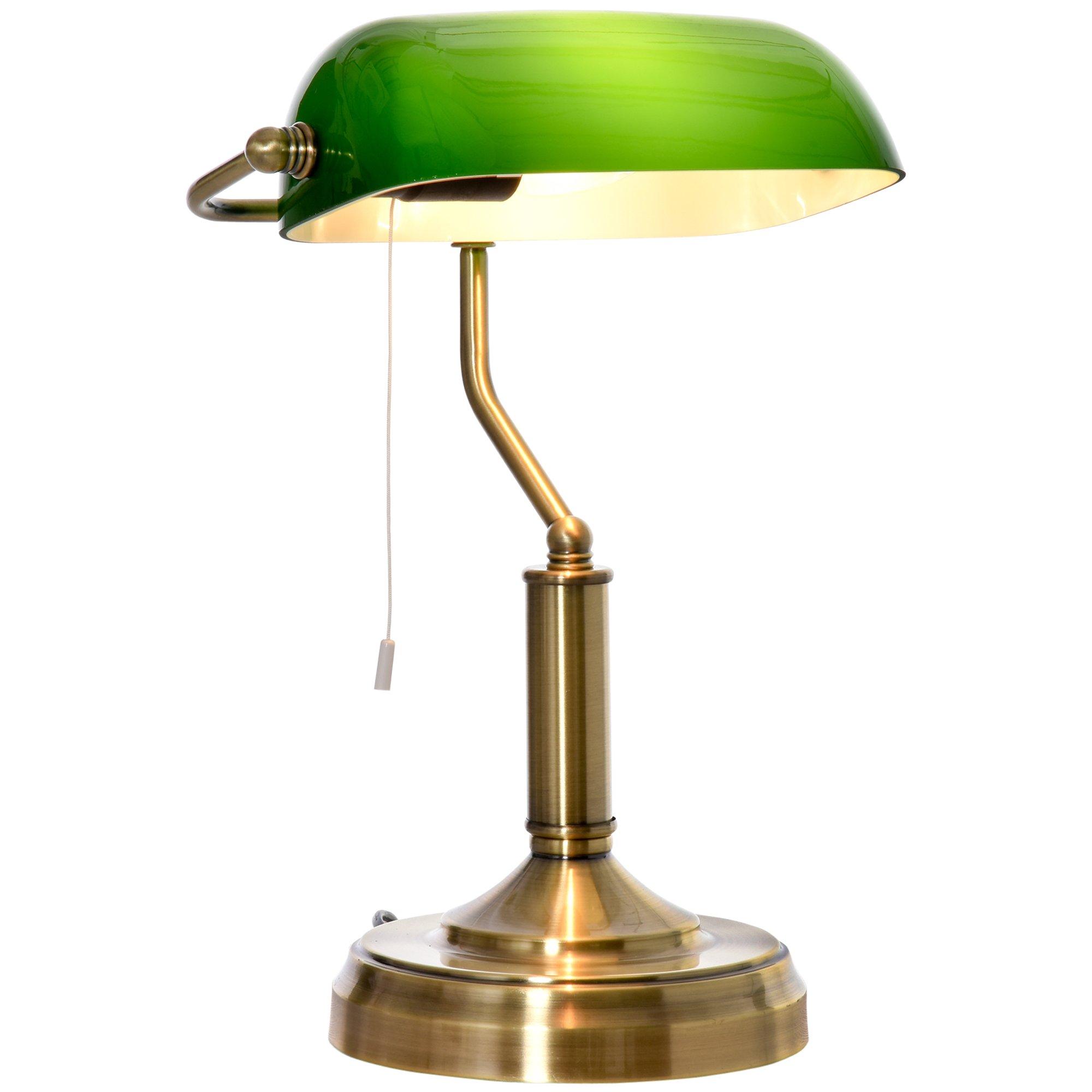Banker's Table Lamp Antique Bronze Base Green Glass Shade Pull Rope