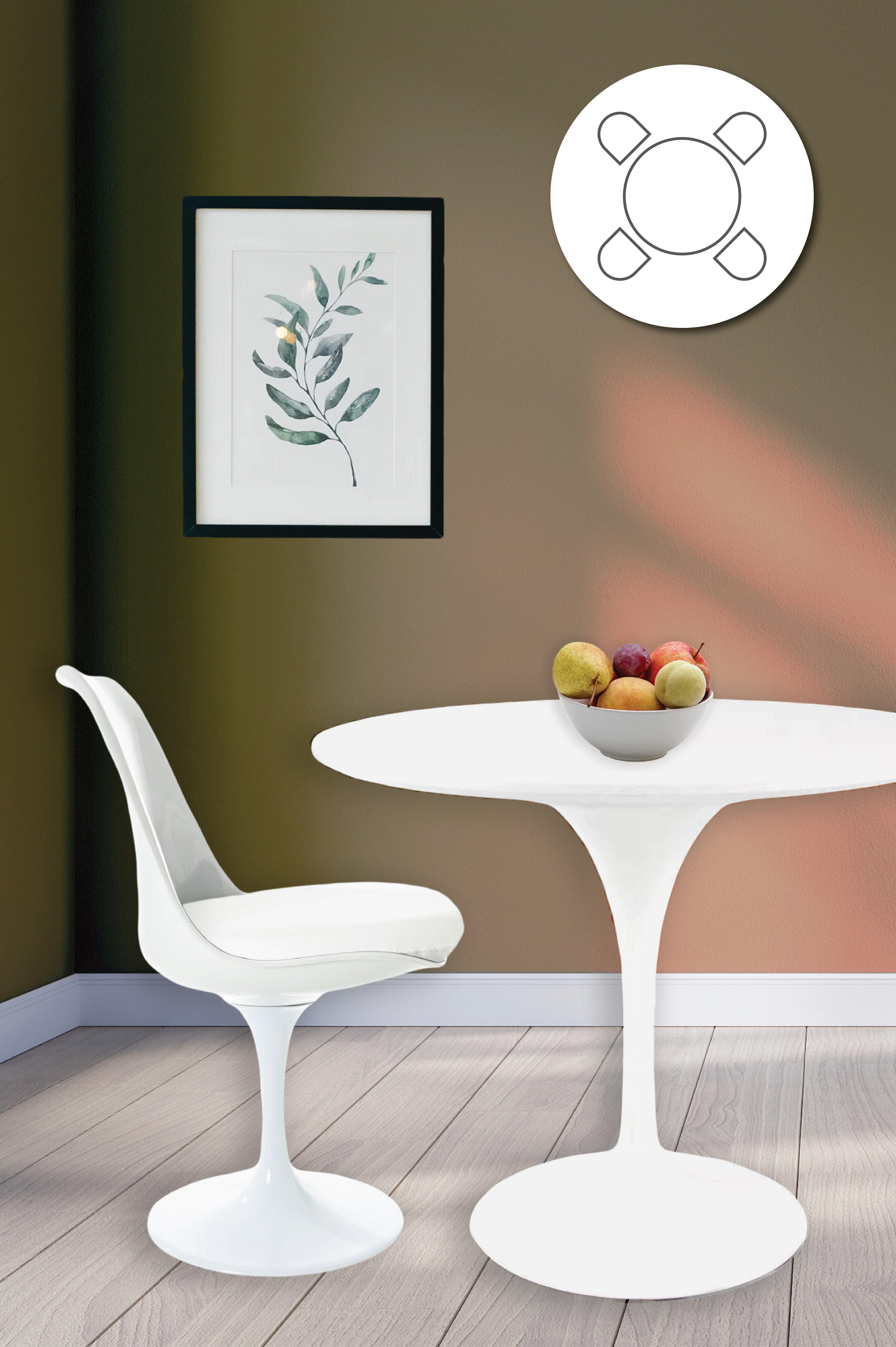 Tulip Set - White Medium Circular Table and Four Chairs with PU Cushion