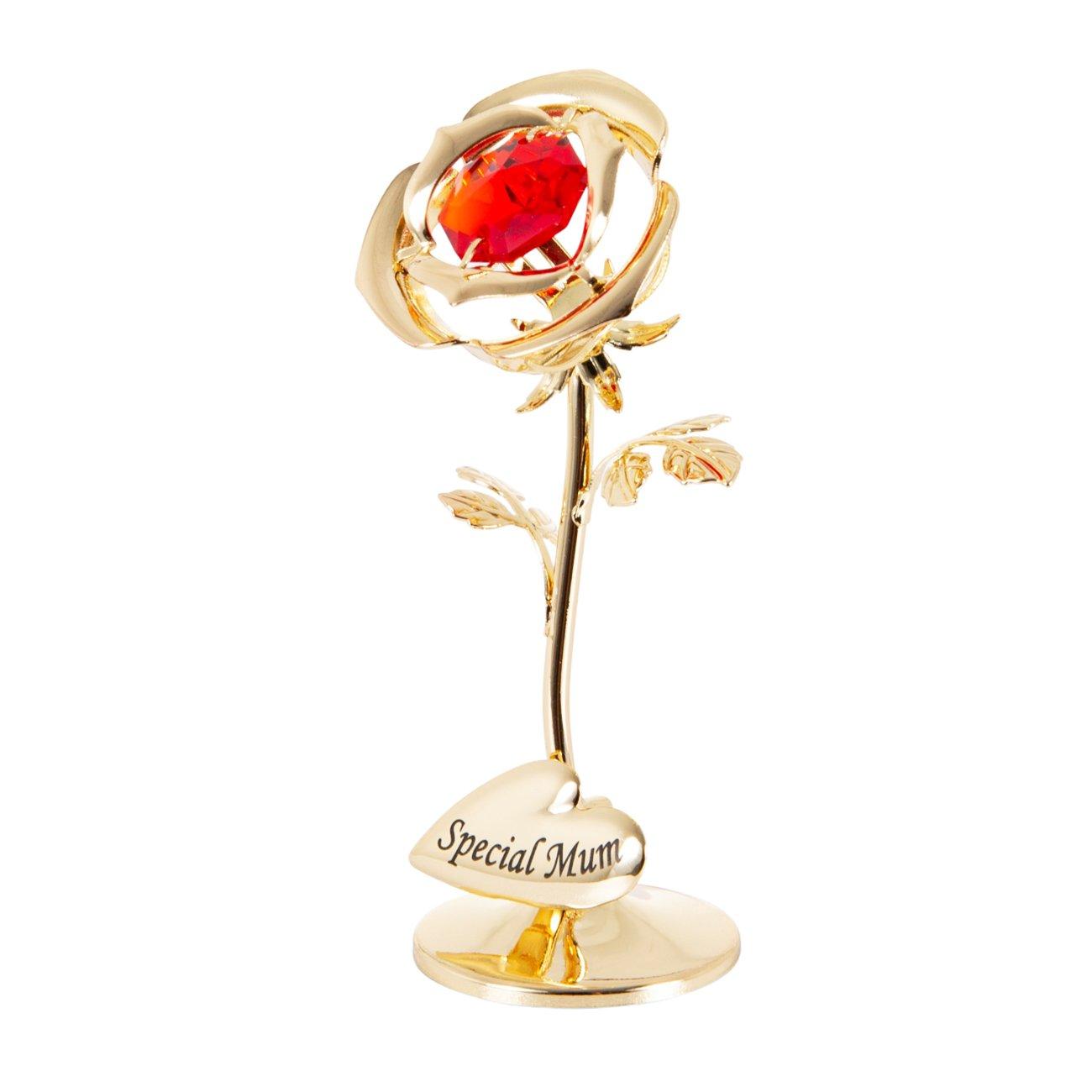 Special Mum Heart Gold Plated Petite Rose Ornament with Red Austrian Crystal by Happy Homewares