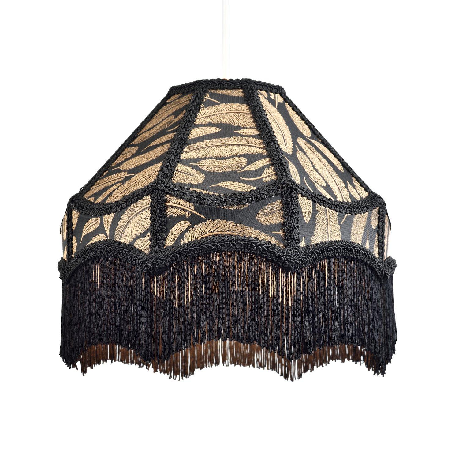 Traditional Black Victorian Empire Pendant Shade with Tassels and Golden Leaves