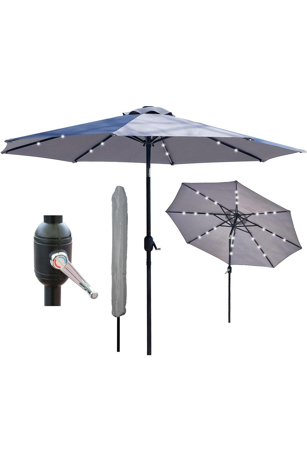 Light Grey Solar Power Led Tilting Parasol Waterproof Umbrella 2.7M