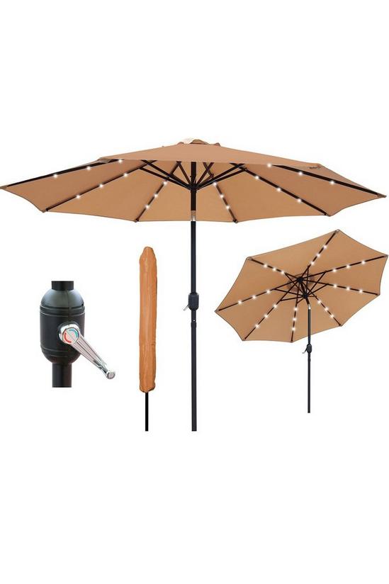 Glamhaus Khaki Solar Power LED Tilting Parasol Waterproof Garden Umbrella 2.7M 1