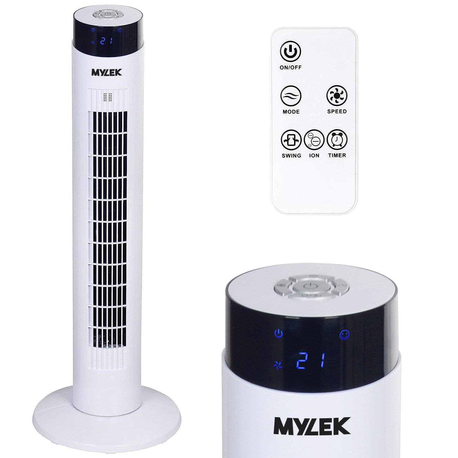 White 34 Inch Remote Control Oscillating Tower Fan with Ioniser 60W