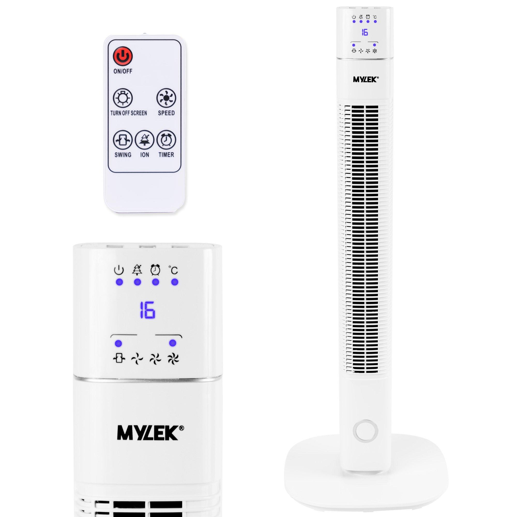 White 36 Inch Oscillating Tower Fan Remote Control Timer & Ioniser 60W