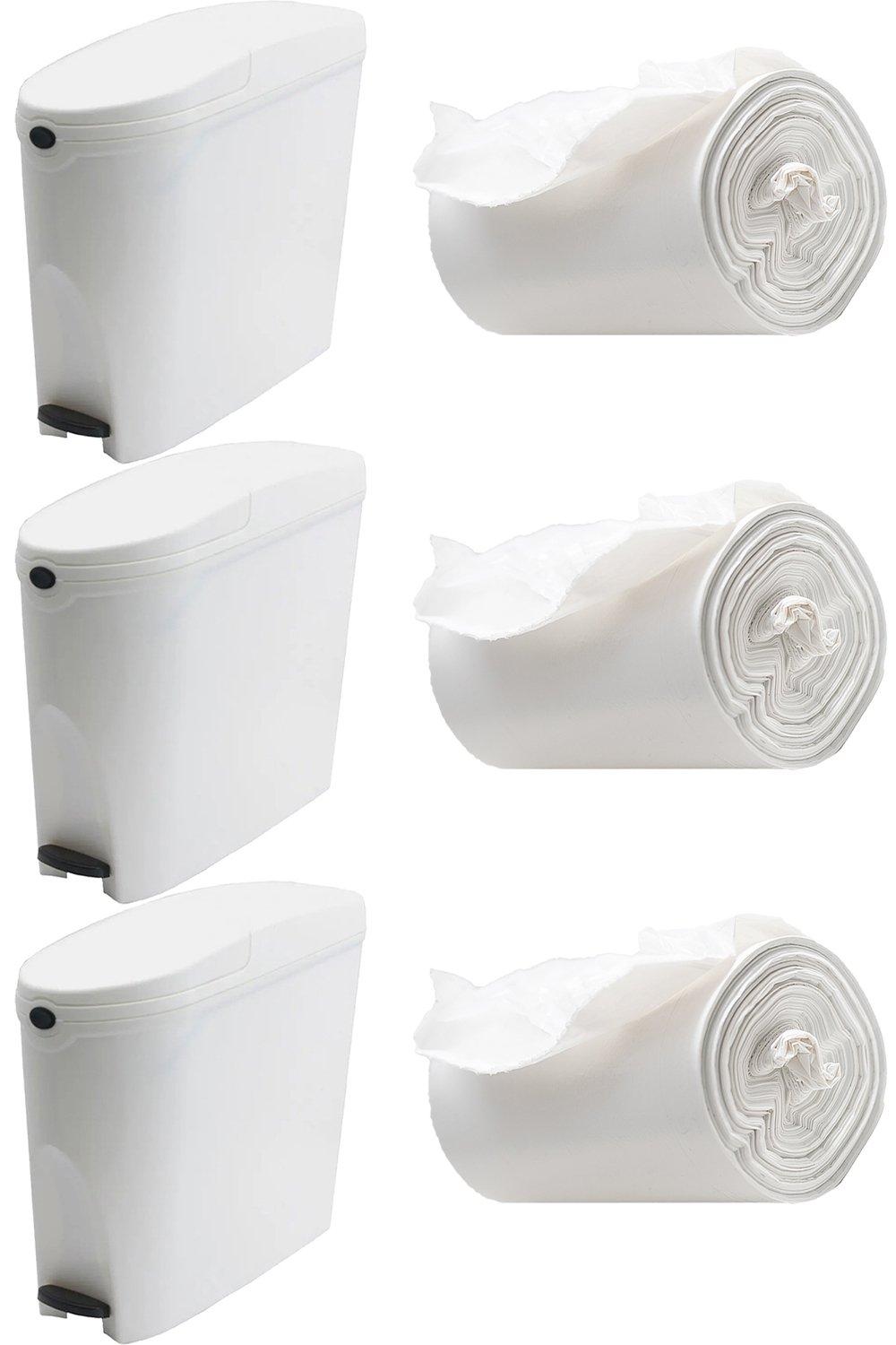 White Pedal Operated Toilet Sanitary Bin 3 x 20L Capacity & 150 Liners