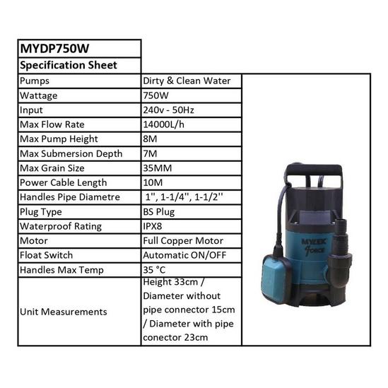 MYLEK Electric Submersible Dirty or Clean Water Pump 750W with 25M Hose 6