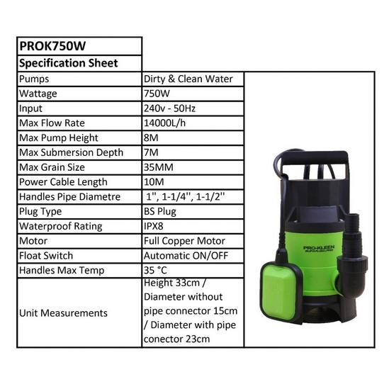 ProKleen Electric Submersible Dirty or Clean Water Pump 750W with 20M Hose 6