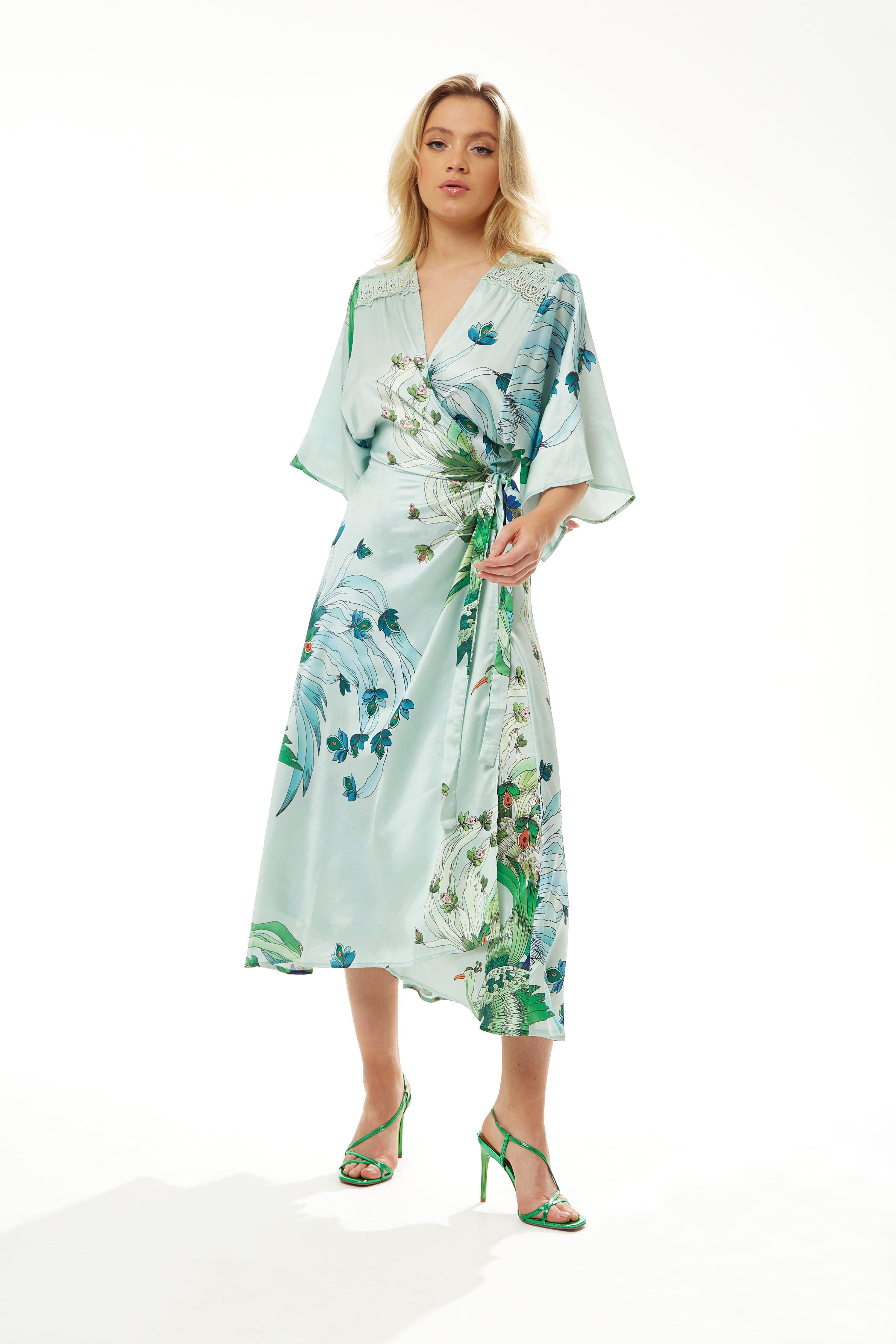 Mint Green Bird And Floral Wrap Maxi Dress With Lace Details