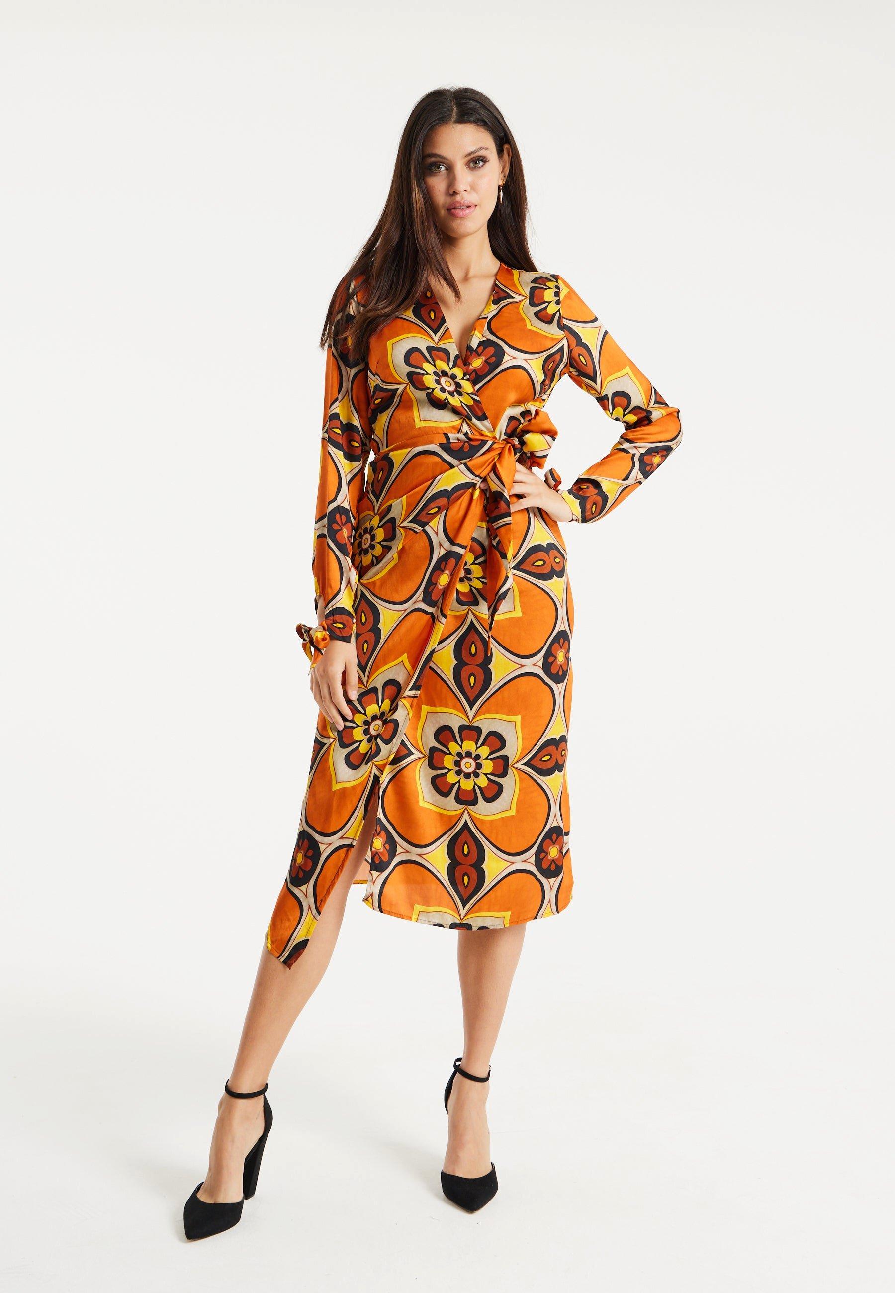 Floral Midi Wrap Dress In Orange And Yellow