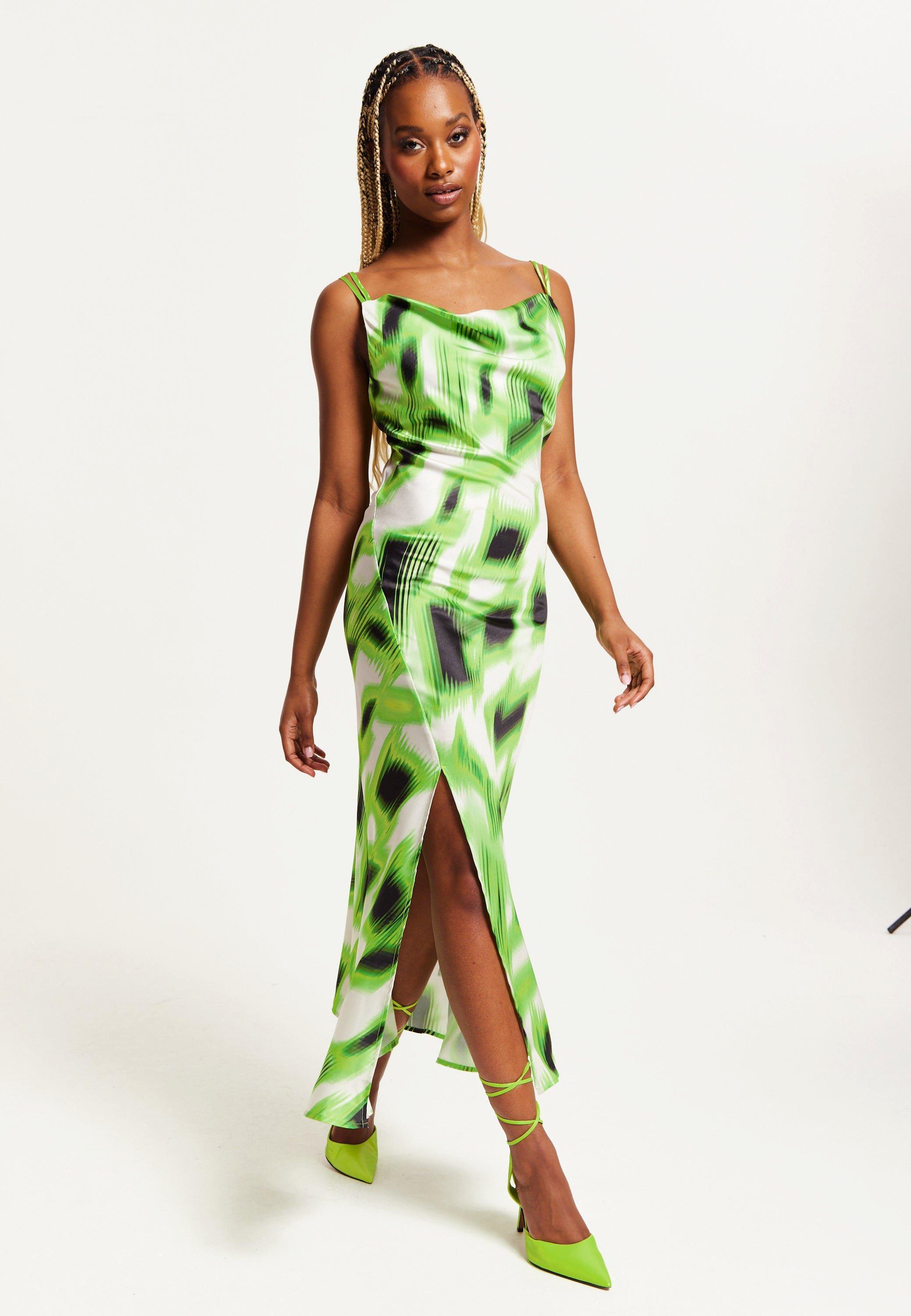 Green and Black Abstract Print Cowl Neck Midi Dress