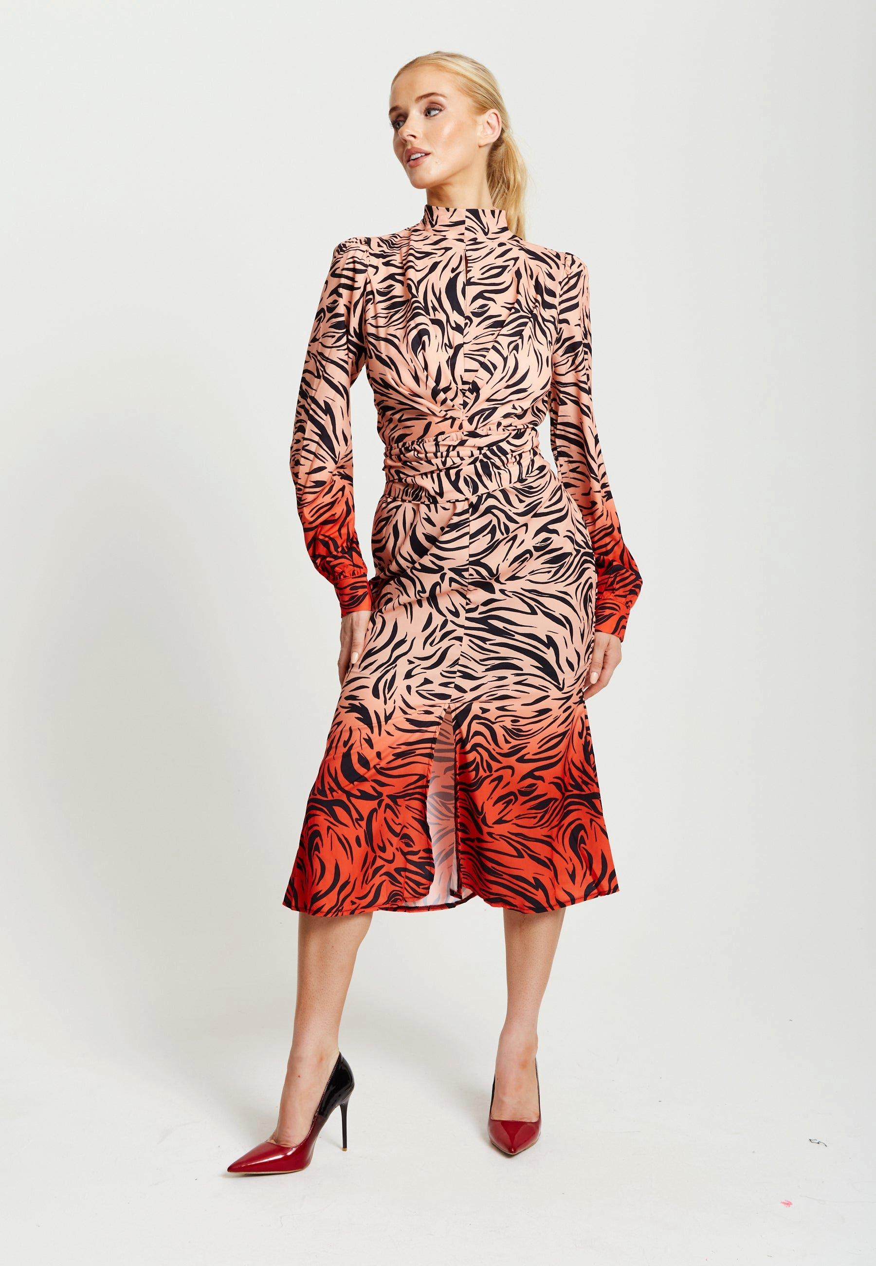 Zebra Print Midi Dress With High Neck And Draped Waist Detail In Orange And Nude