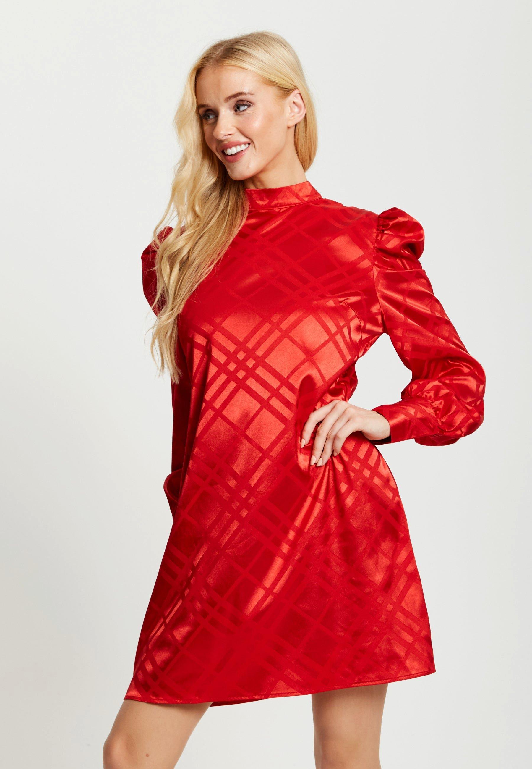 Check Jacquard Mini Dress With High Neck & Puff Sleeve Detail In Red